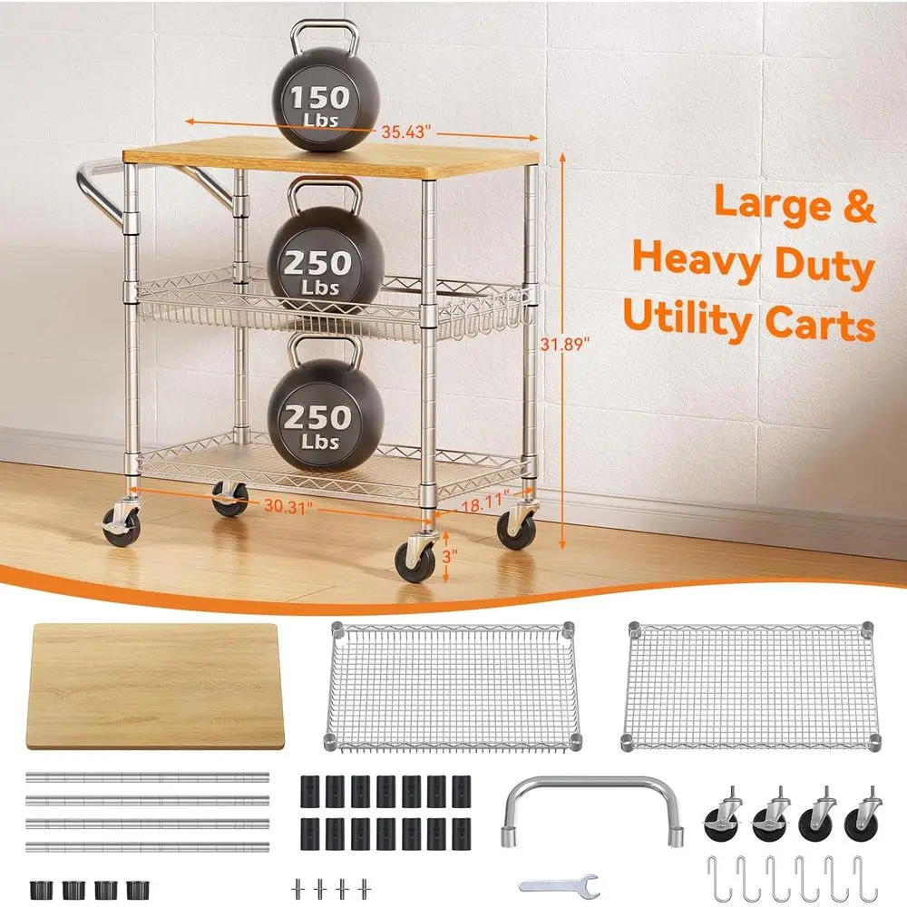 Durable 3-Tier Rolling Kitchen Cart with Wood Top and 650Lbs Capacity