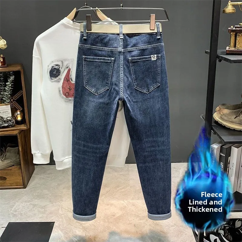 

Джинсы мужские Thiened, синие, повседневные, эластичные, облегающие, комфортные, удлиненные брюки, осень-зима, премиум-класс, Гонконг