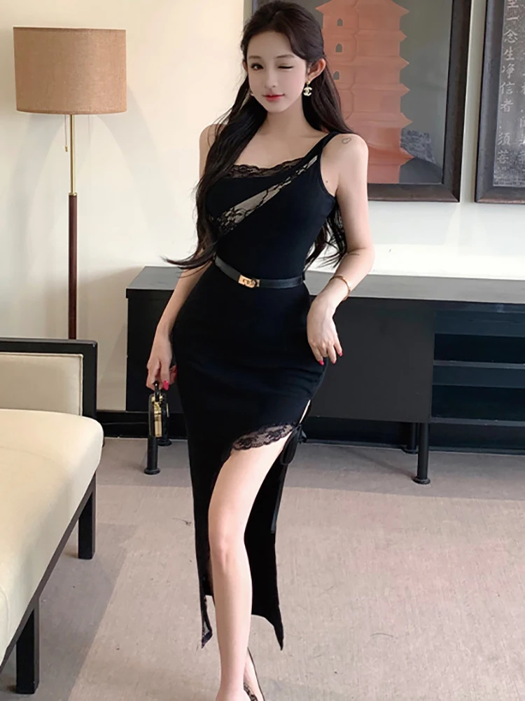 

Spring Summer Black Patchwork Lace Diagonal Collar Sexy Dress 2026 Korean Vintage Hepburn Dress Women Elegatn Luxury Night Dress
