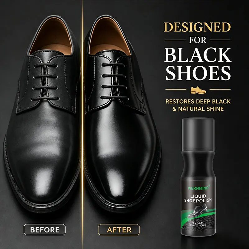 Black Liquid Shoe Polish with Sponge Tip Applicator — for Caring, Maintaining, and Adding a Glossy Shine to Leather Shoes