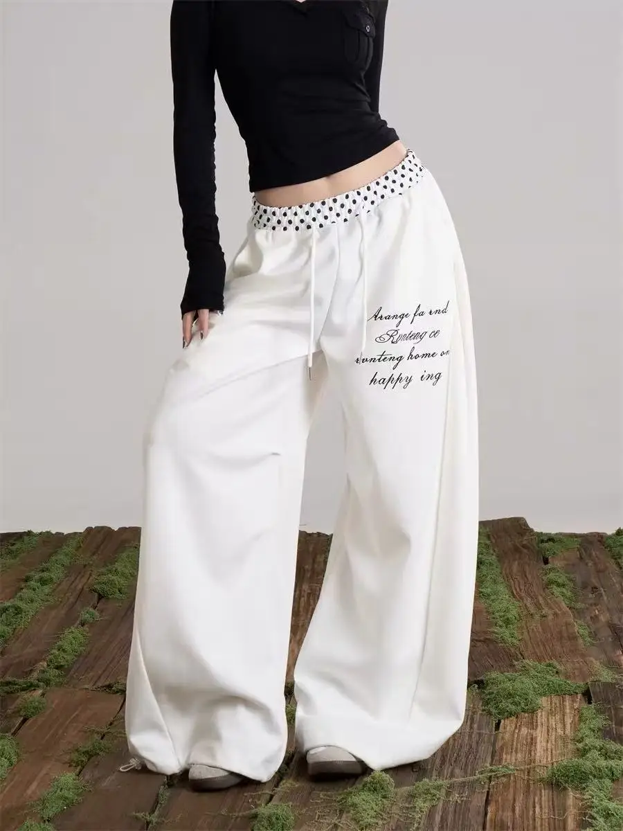 Women's Polka Dot Pattern Splicing Design Sweatpants Girl Wide-leg Casual Pants Summer Bottoms Female High Waisted Trousers