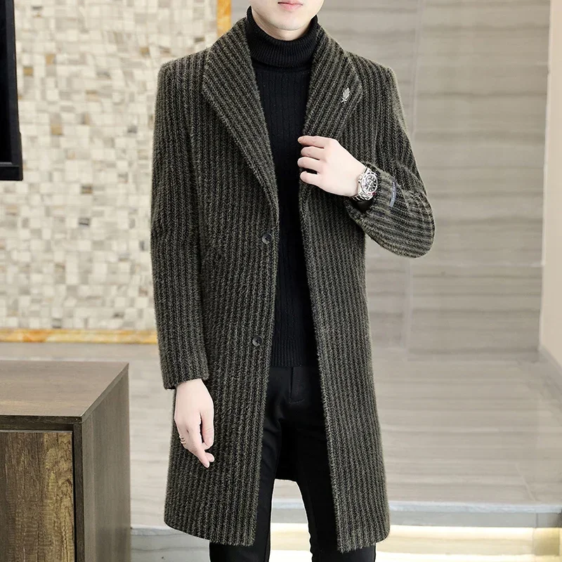 

Woolen Coat Men's Mid-length 2023 Autumn and Winter New Slim-fit Coat Youth Imitation Mink Velvet Business Casual Trench Coat