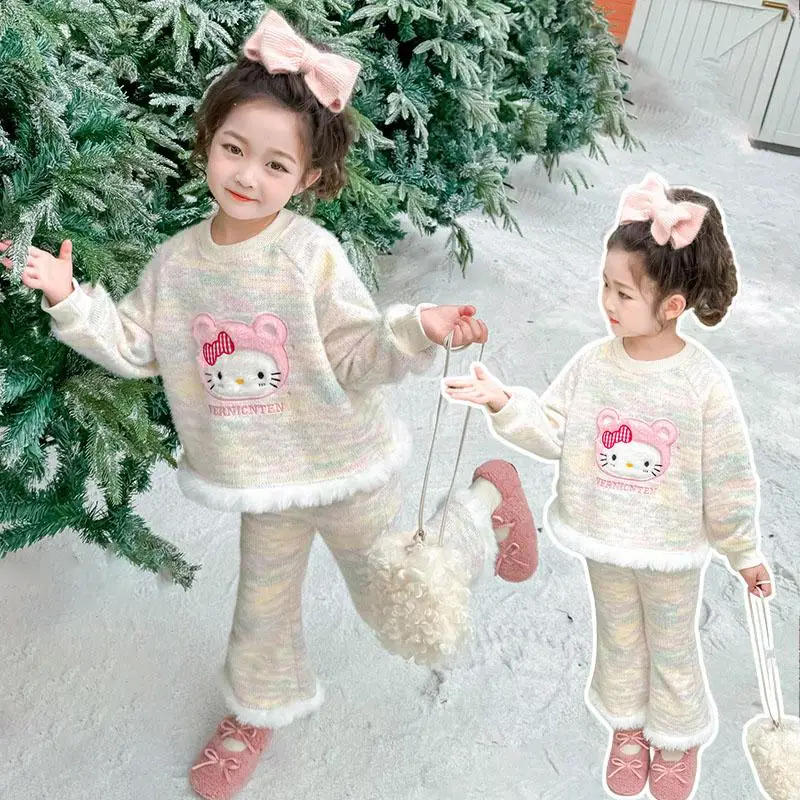 2024 산리오 만화 헬로 키티 세트, 귀여운 가을 겨울, 따뜻한 어린이 세트, 여아 의류 바지, 투피스 세트
