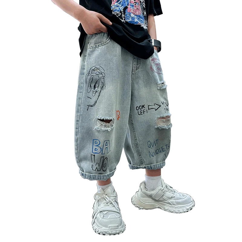 

Kids Summer Straight Fit Ripped Shorts for Tween Boys Casual Denim Shorts with Holes Child Teenager Drawing Capris Pants 5-14Y
