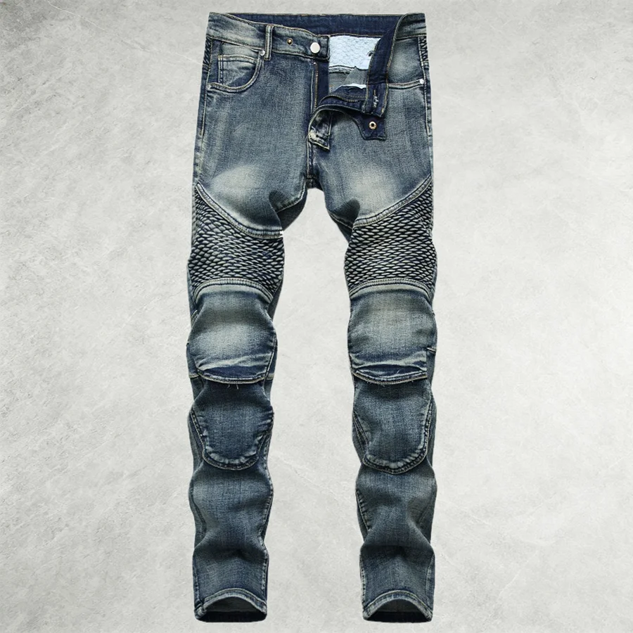 New American High Street Men's Blue Washed Jeans Nostalgic Motorcycle Pleated Riding Knee Pants Casual Pants