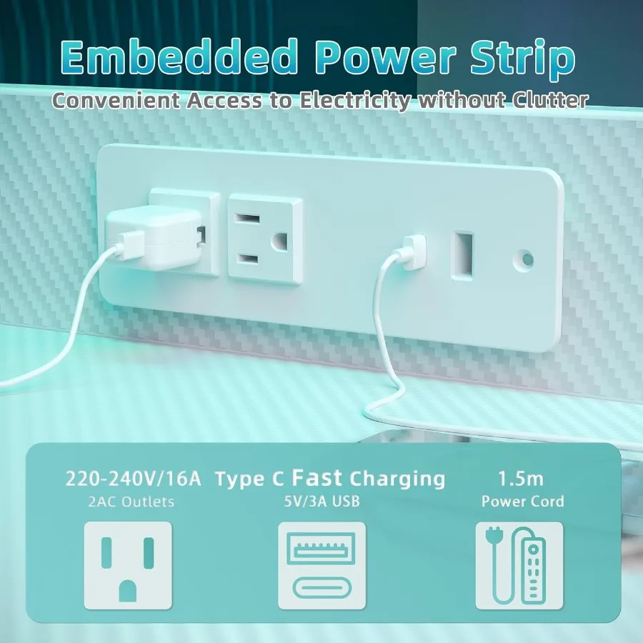مكتب ألعاب مقاس 55 بوصة مع مخرج طاقة مدمج وإضاءة LED قابلة للتعديل لإعداد المكاتب المنزلية وأرفف قابلة للعكس وS مخفية #6