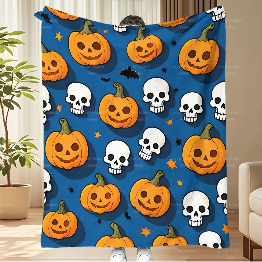 Blue Background Halloween Flannel Blanket, Pumpkin Skull Bat Star Full‑Print Throw Blanket, Soft Lightweight Cozy Blanket For