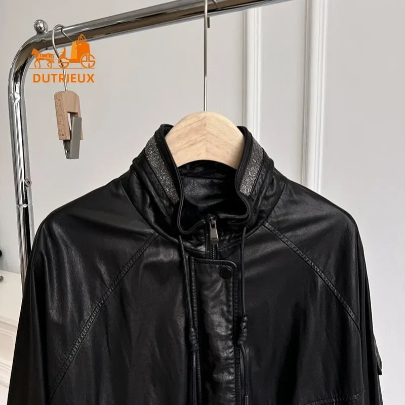 Veste en cuir de vachette à col montant pour femme, manteau d'hiver pour femme, cuir véritable, manches chauve-souris, peau de mouton, haute qualité, rétro, décontracté, noir, nouveau