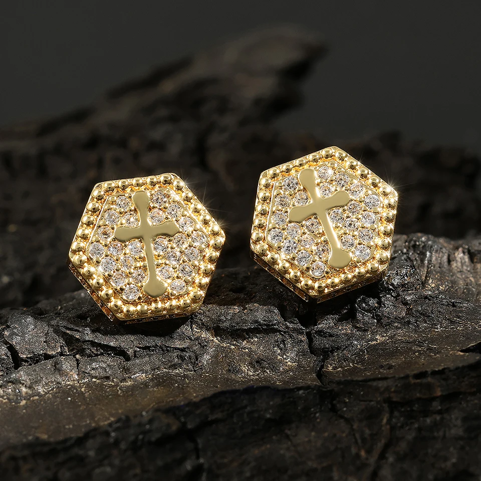 RAKOL-pendientes de circonita helada en forma de cruz para hombre, aretes de Hip Hop, Color dorado, pendiente perforado hexagonal, joyería de fiesta Punk