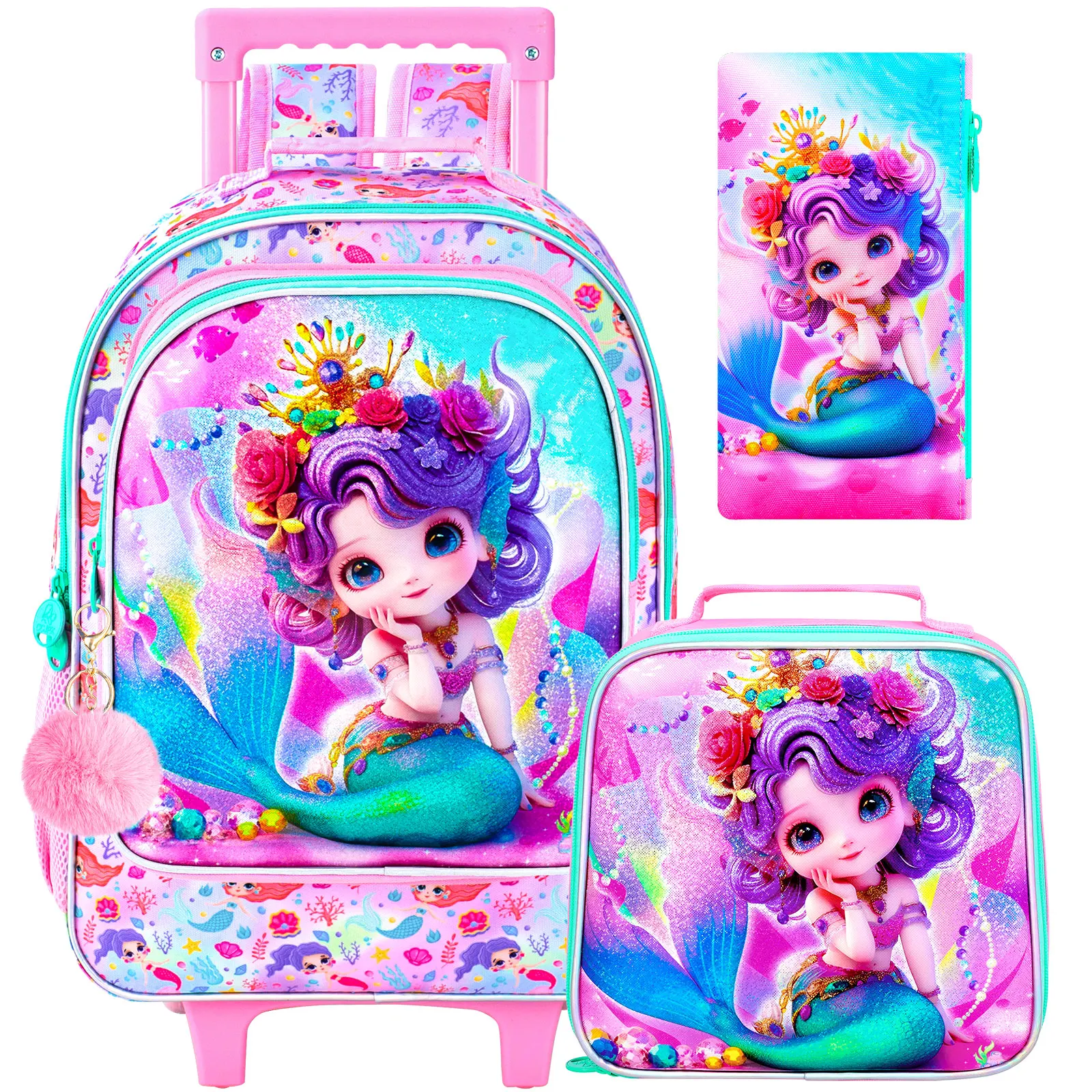 

3Pcs Rolling Backpack for Girls, Kids School Backpacks with Wheels, Roller Bookbag with Lunch Box for Elementary Preschool
