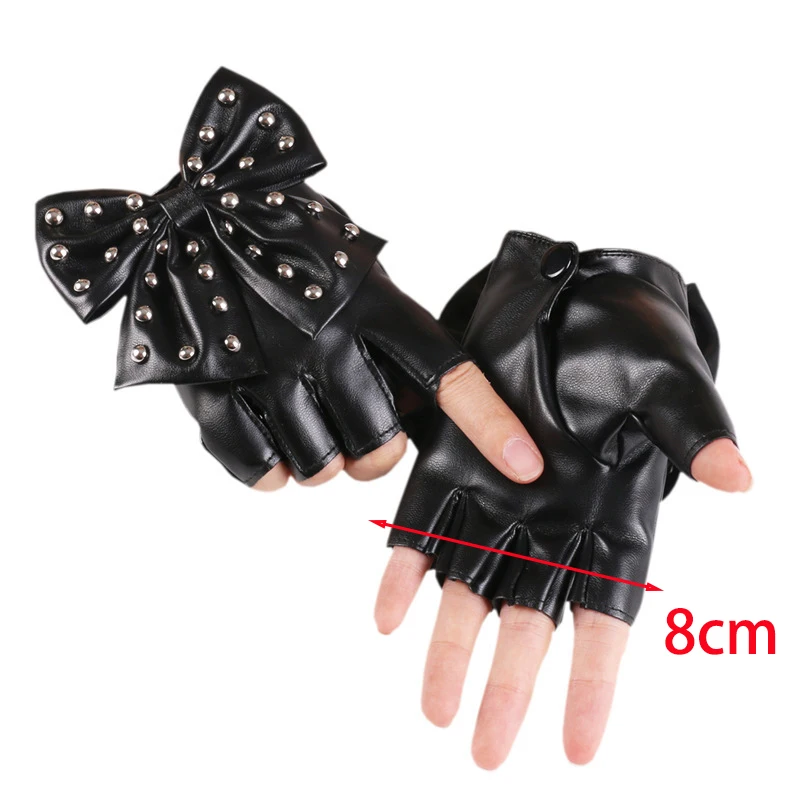 Fashion Fingerless Cosplay PU Leather Gloves Big Bow Rivet Sexy Disco Dancing Rock And Roll Black Punk Show Half Finger Mittens