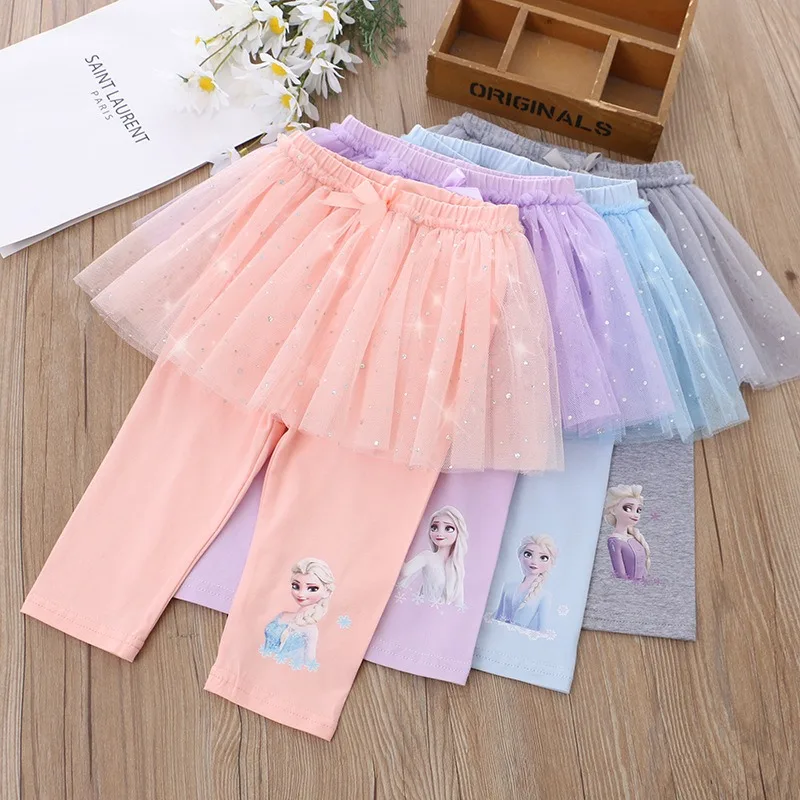 Girls Skirt Shorts For Children Disney Frozen Anna Elsa Princess Skirts Baby Girl Pink Blue Lace Kids Legging Calf-Length 2-8Y