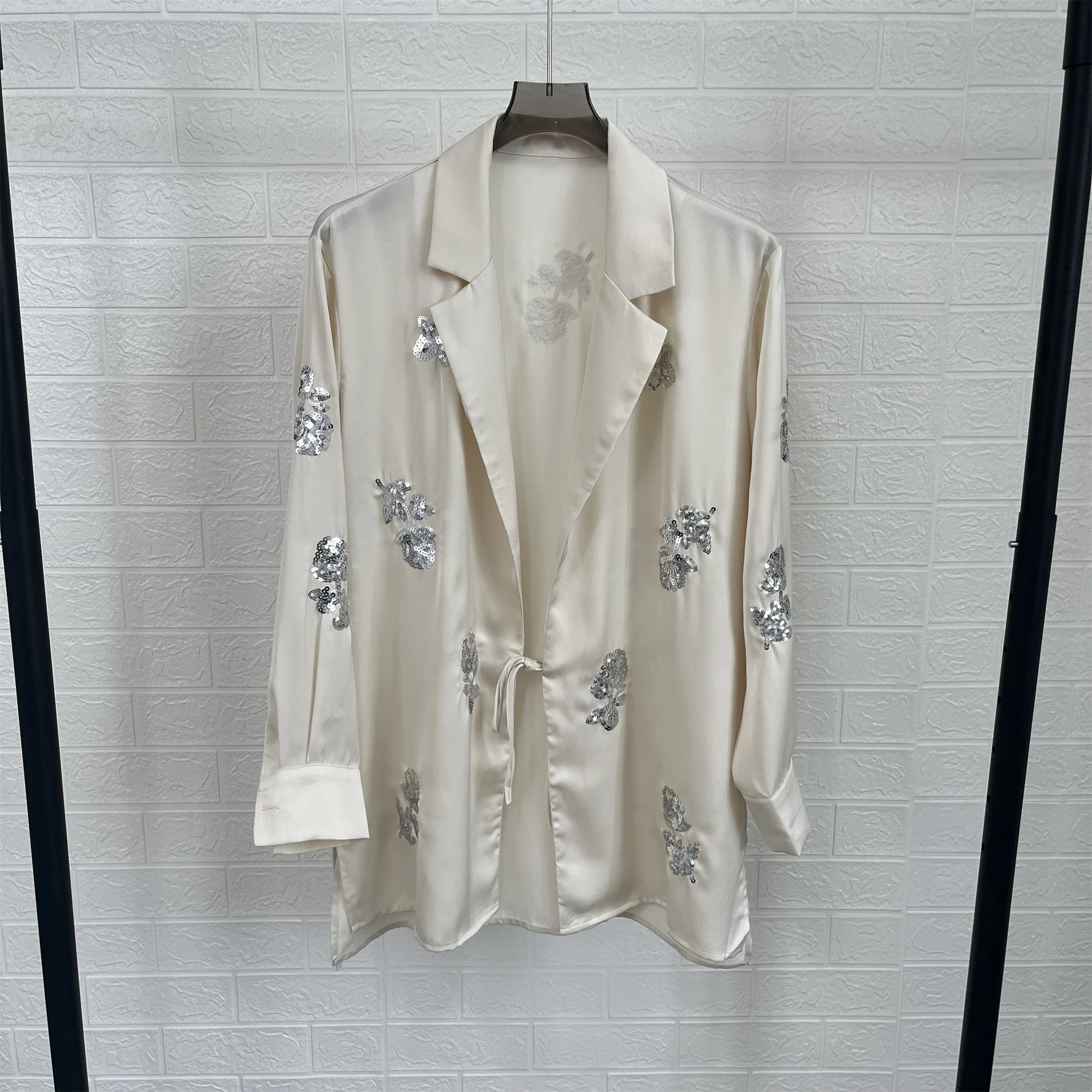 ZA2024-Women\'s Silk Texture Suit Coat and Straight Pants Set Casual Loose Versatile Bead Tie New Fashion StyleAutumn