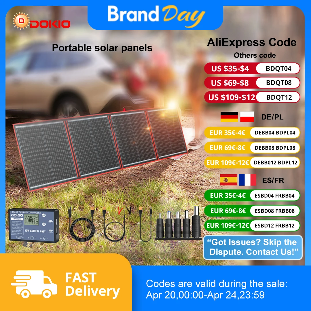 Dokio-Panneau solaire 18V portable et flexible, 100/160/200/300W, avec kit de contrôle 12V, pour recharge de batterie de camping