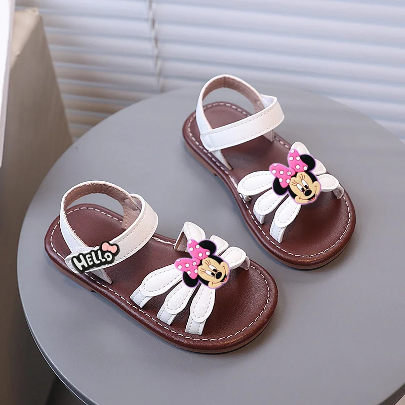 

Minnie Mickey Mouse Cute Kids Sandals Summer Girls Baby Toddler Shoes Disney Flower Velcro Soft Sole Non-slip Casual Shoes