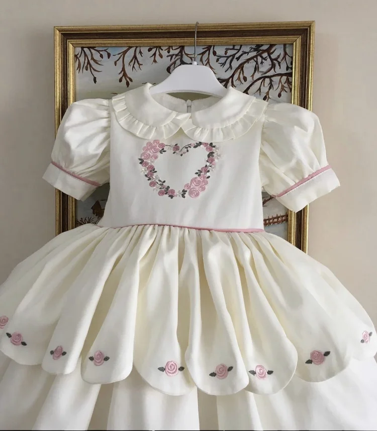 0-12Y Baby Girl Summer Pink Heart Flower Embroidery Turkish Vintage Lolita Princess White Dress for Birthday Holiday Casual Eid