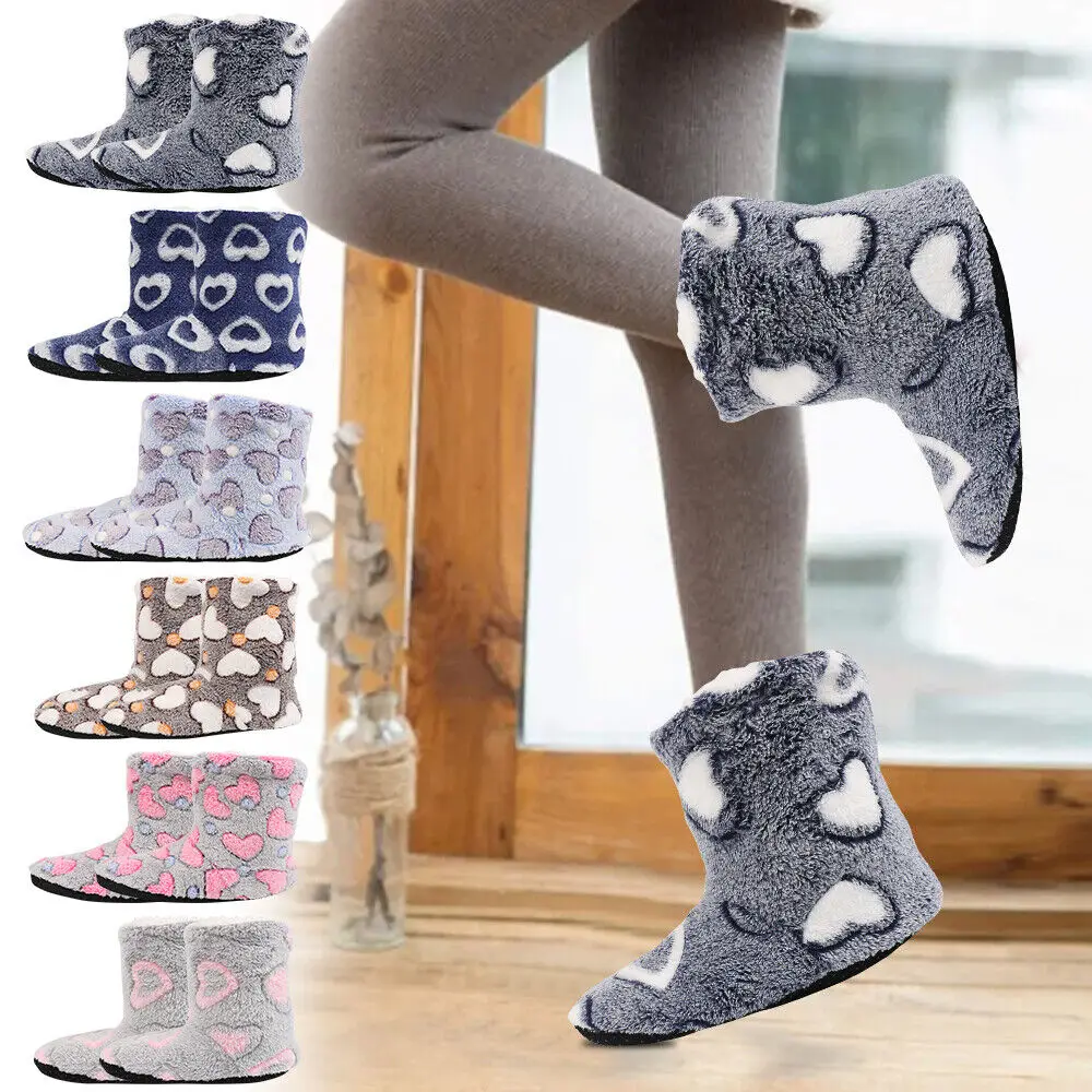 Winter Warm Floor Shoes for Womens Men Thicken Love Print Indoor Home Slippers Fashion Couple Non-slip Soft Plush Floor Boots