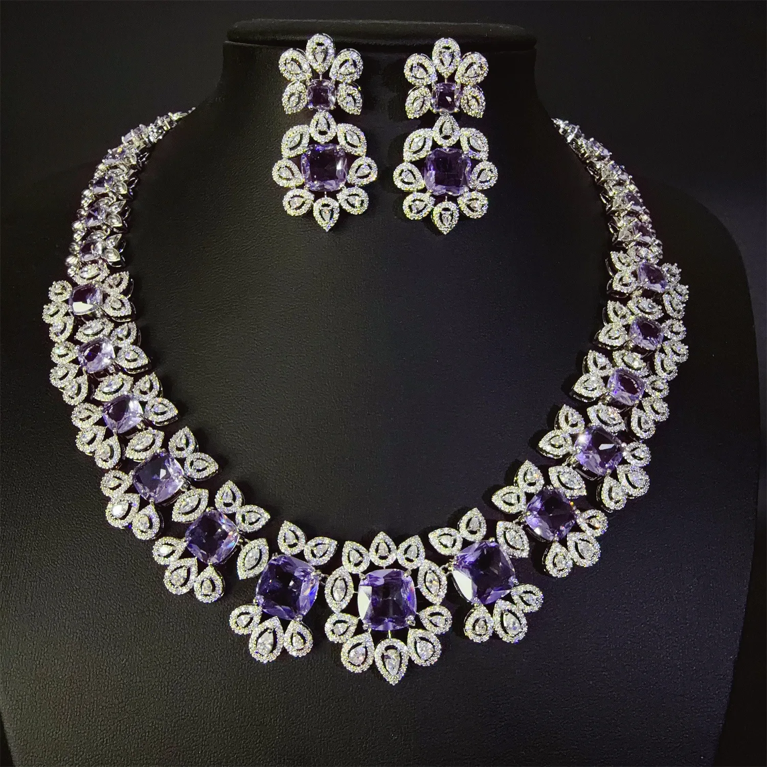 Premium Vintage Purple Glamour Jewelry Necklace Earrings Nigerian Women Dress Decoration Set Wedding Party Bridal Gift M-906