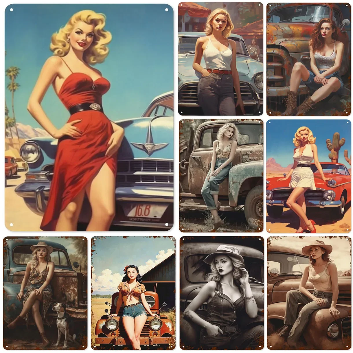 Vintage Pinup Girl Fast & Sexy Girls Classic Car Automobile Metal Tin Sings For Man Cave Garage Bar Cafe Clubs Car Decor Posters