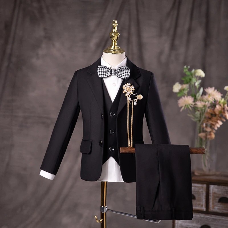 Flower Boys Black Wedding Suit Kids Jakcet Vest Pants 3PC Formal Birthday Set Children Graduation Photograph Performance Costume