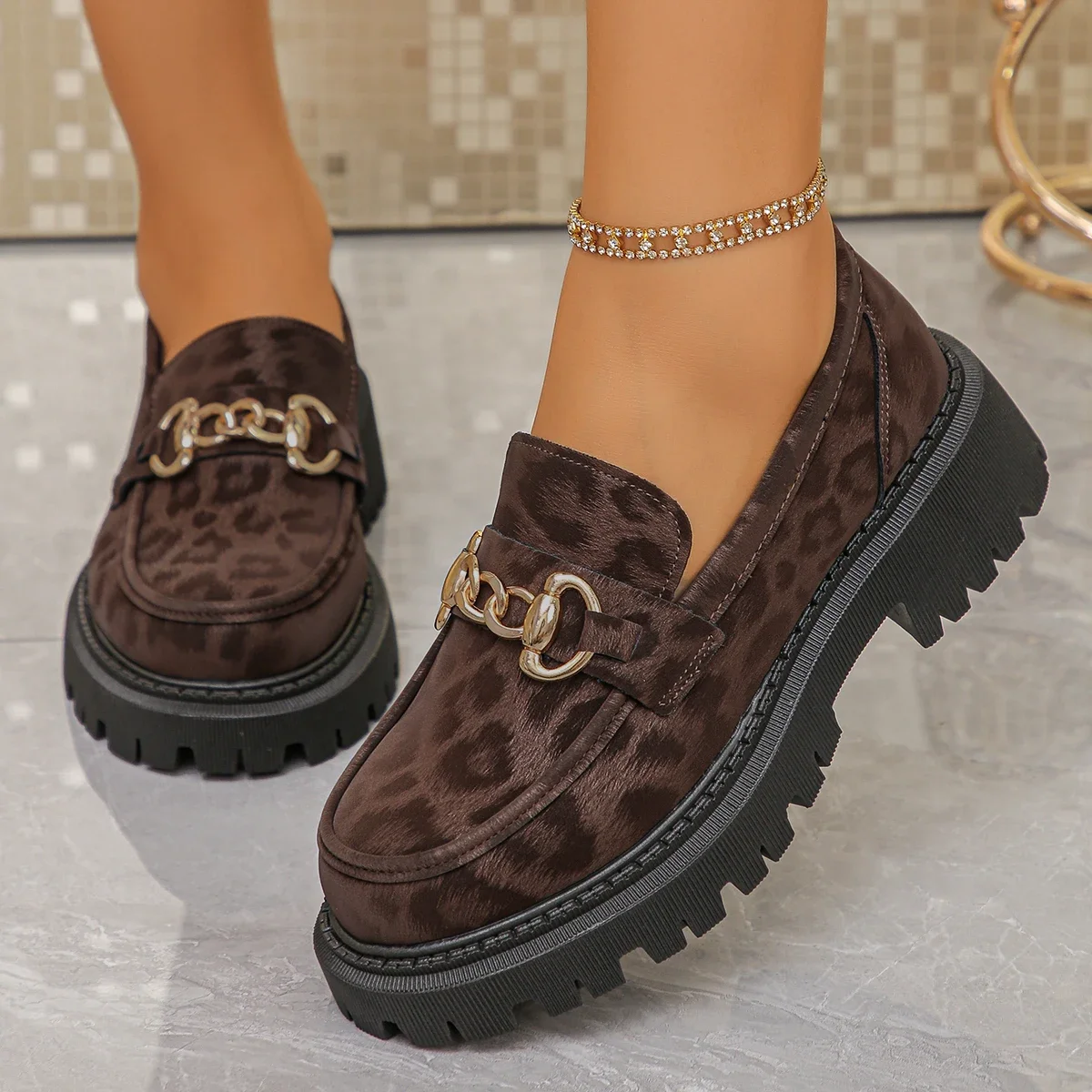 Damen-Mode Leoparden-Patchwork Slip-on Loafer mit Blockabsatz und Plateau 2026 Neue Freizeitschuhe Übergröße 43 – Detail 1