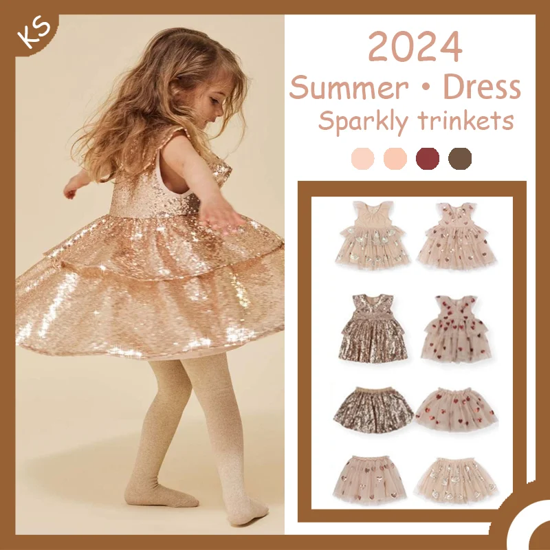 

Children's dress 2024 New Embroide spring and summer cute girl love sequin gauze girls party dresses From 2 To 8 Years SKirt Set