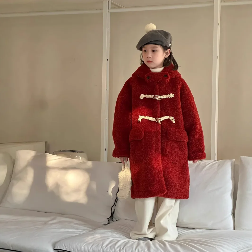 2024 Winter Girls' Red Medium to Long Fur Integrated Children's Hooded Bull Horn Button Coat