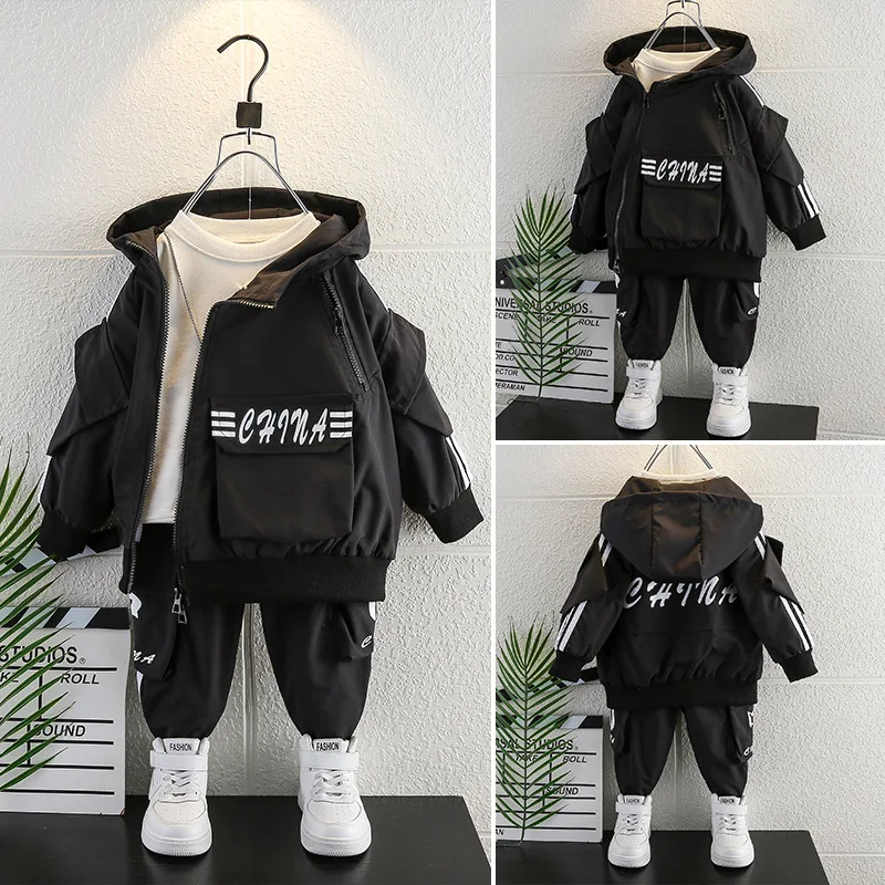 

Children's Clothing Set Spring and Autumn New Boys Casual Side Zipper Design Hooded Clothing Set Baby Jacket Pants Two-piece Set