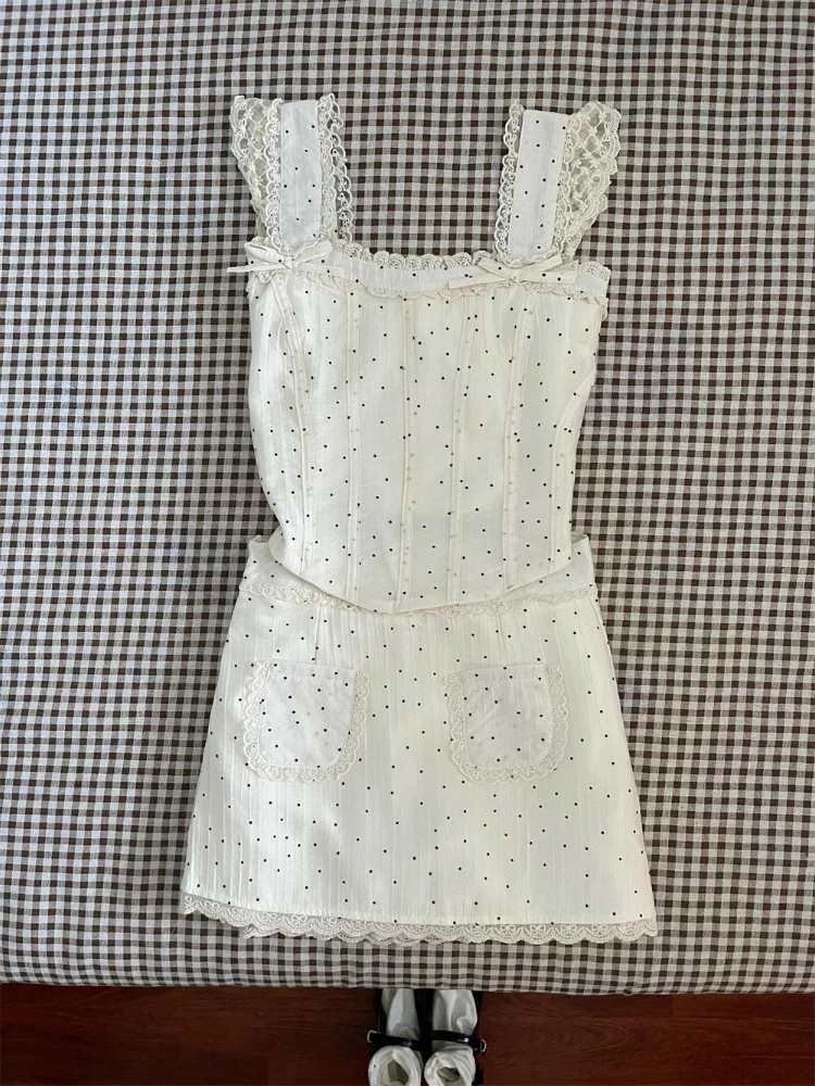 

Summer Sweet Elegant Women Clothes 2 Piece Set Chic Polka Dot Tops + Female Slim Fit Skirt Korea Popular Retro Casual Outfits