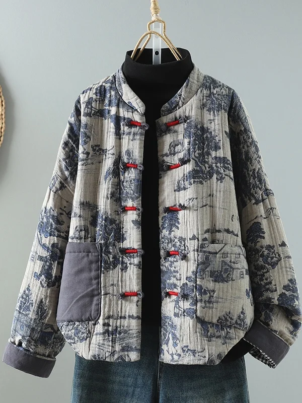 

New Chinese Sle Floral Print Cotton Jaet Women's Loose Large Size Retro Stand Collar Buttoned Modified Tang Costume Cotto...