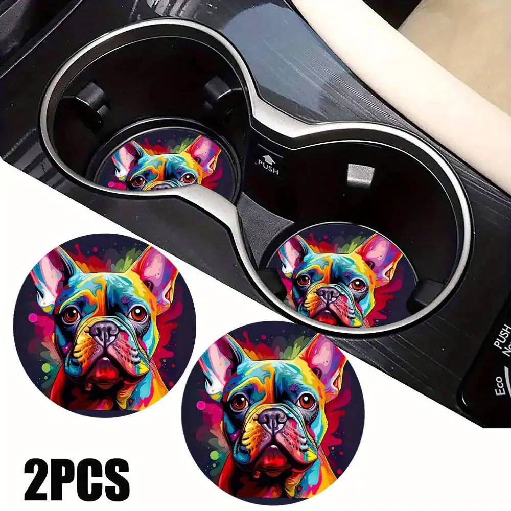Colorful Bulldog-Themed EVA Car Coasters Set Of 2 Women Car Interior Decor Gift For Loved Ones Also For Home Dining Tables