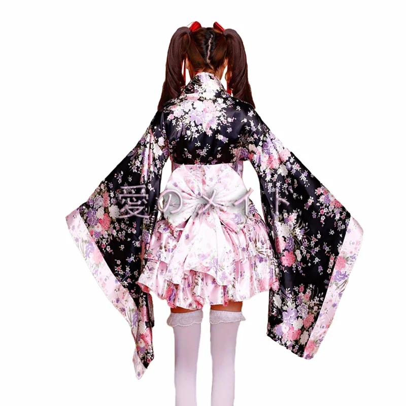 Japanese Kimono Sakura Printed Lolita Pink Short Sexy Layered Skirt  Maid Cosplay Costume Halloween Fancy Dress for Women