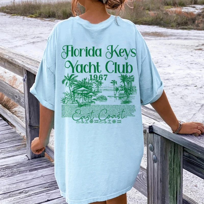 Florida Yacht Club Back Print Tropical Beach T-Shirts Women Summer Fashion Oversized Vsco T Shirts Trendy Vacation Tshirts Tops