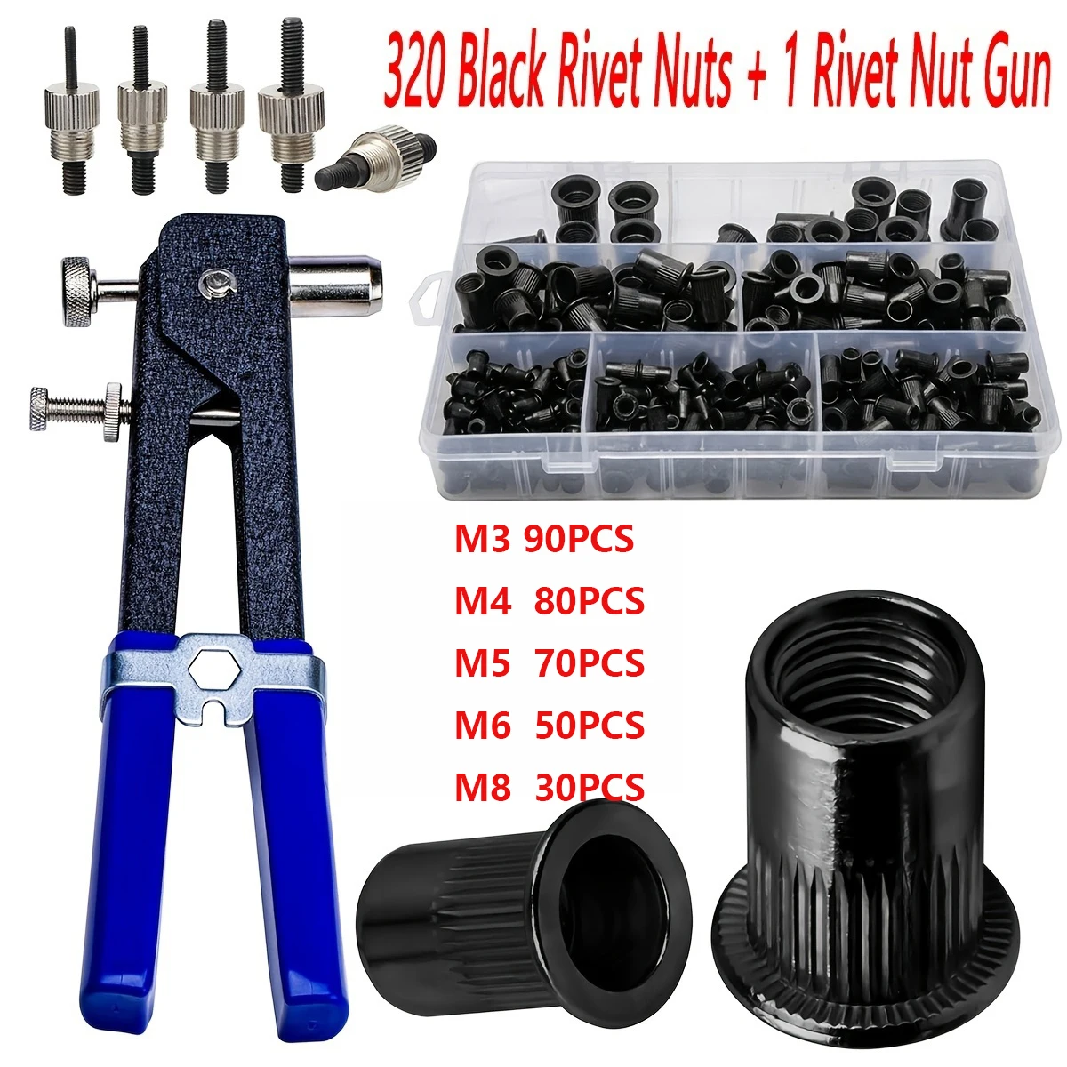 320PCSRivet Nuts Plier Mandrel Kit M3/M4/M5/M6/M8 Nut Rivet Mandrels Repairtool Rivetgun Flatheadscrew Pop Nut Rivet Plier Set