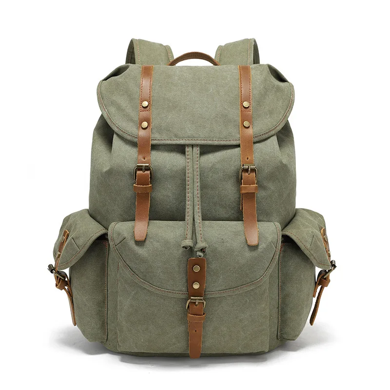 Vintage Outdoor Men Rucksack Canvas Bag Crazy Horse Leather Travel Backpack Waxed Canvas Waterproof Laptop Rucksacks Mochilas