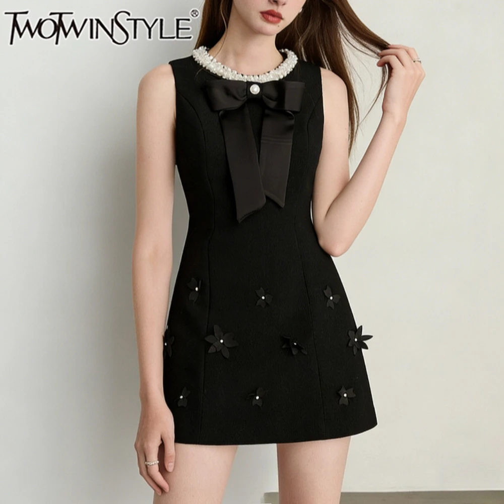 

TWOTWINSTYLE Однотонное облегающее платье с бантом для женщин, с круглым вырезом, без рукавов, с лоскутным дизайном, на молнии, элегантное, новый стиль