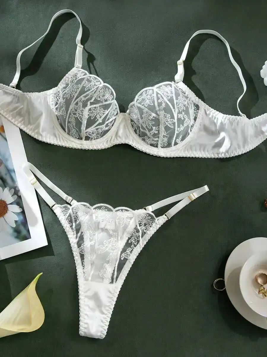 BH-Set im französischen Stil, ultradünn, hohles Netz, Blumenstickerei, sexy Bikini, rückenfrei, tiefe V-Hosenträger, ärmellos, charmant, TECA