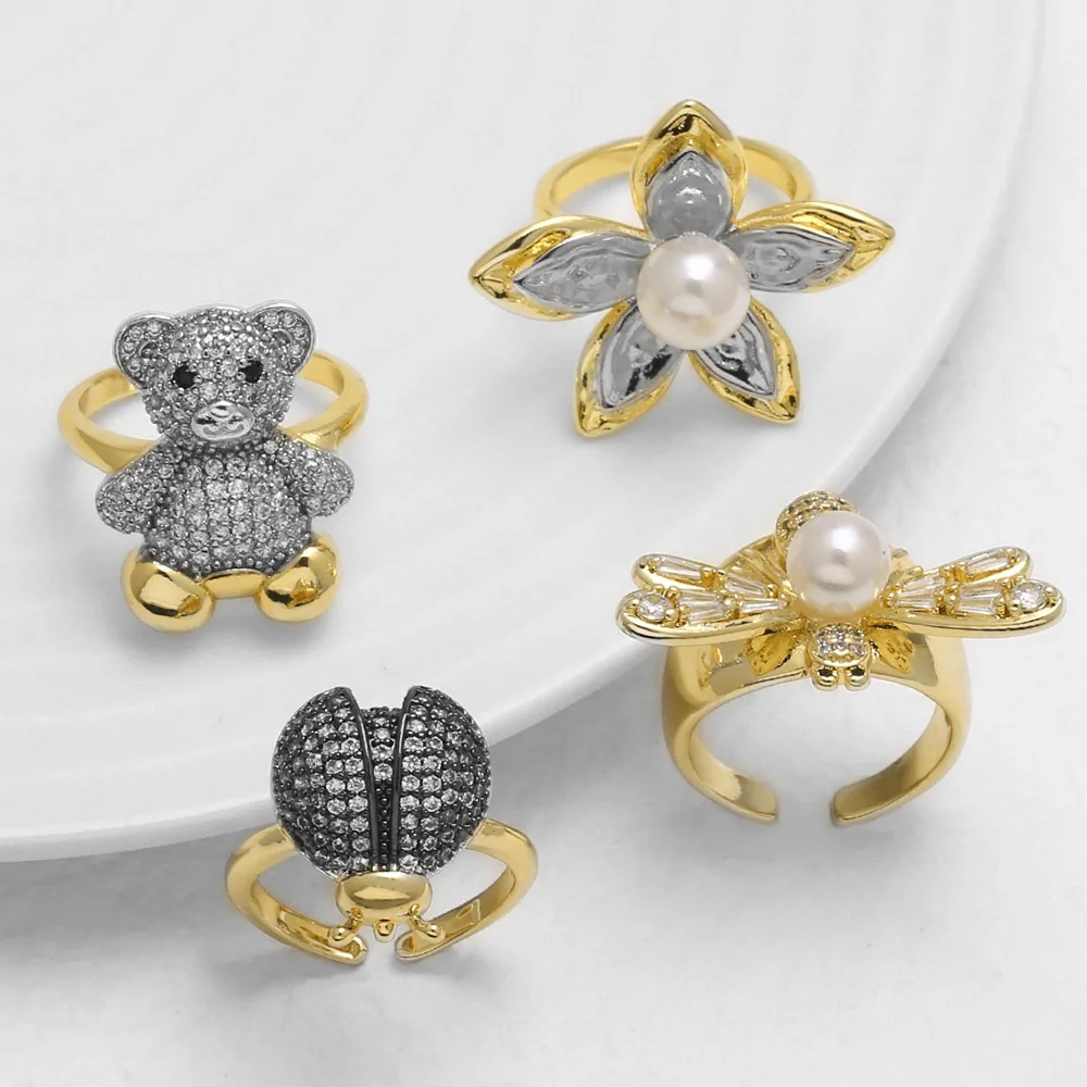 OCESRIO, anillos de mujer de oso bonito de cristal blanco a la moda, anillo abierto de abeja con perla de imitación chapada en oro y cobre, joyería de moda rigj10