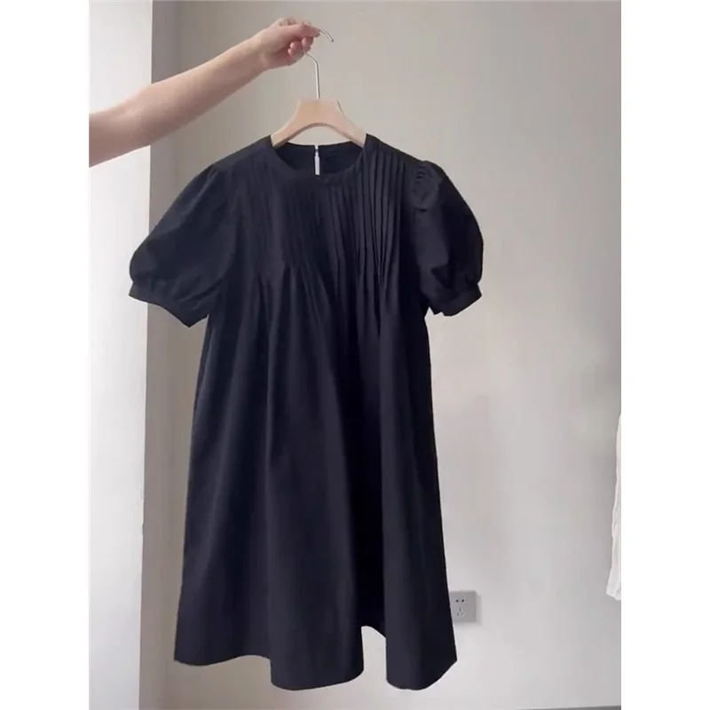 

Sweet Loose Bubble Sve Dr Women's Summer Casual Sle PVC Fabric A-Line Skirt Side Zipper Ci Walk ort Sve Dr