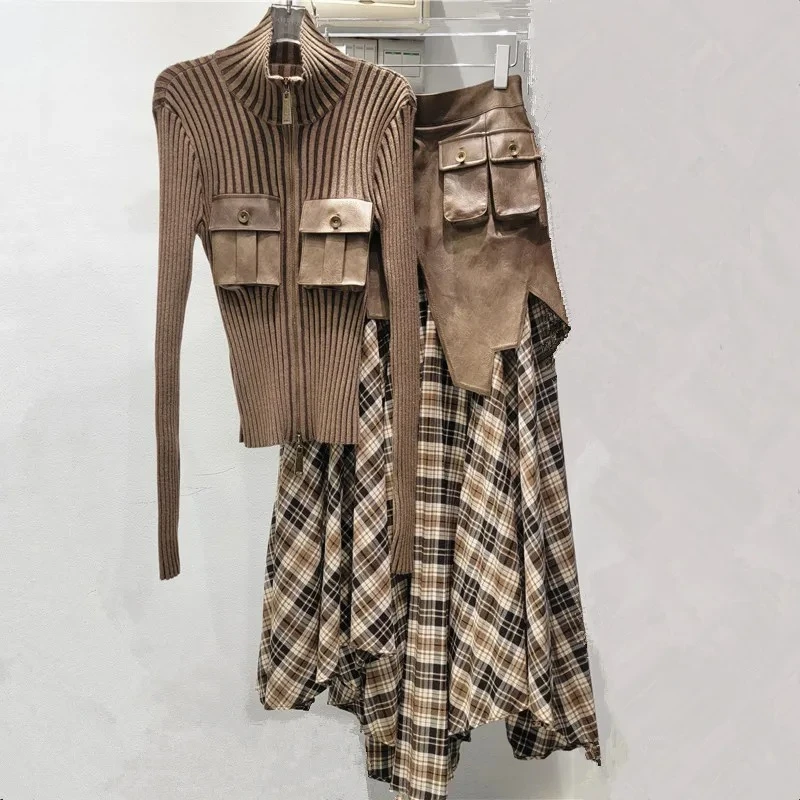 

Комплект юбки из искусственной кожи в стиле ретро, клетчатый асимметричный карман и вязаный топ