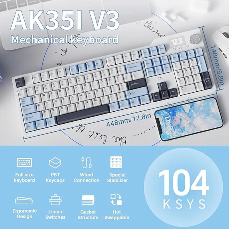 AJAZZ AK35I V3 8000mAh Volledig formaat Hot Swap Mechanisch Bedraad Haiyan Axis Gaming Toetsenbord met Scherm & Knop, Drie-standen verbinding FR4 Plaat LED RGB
