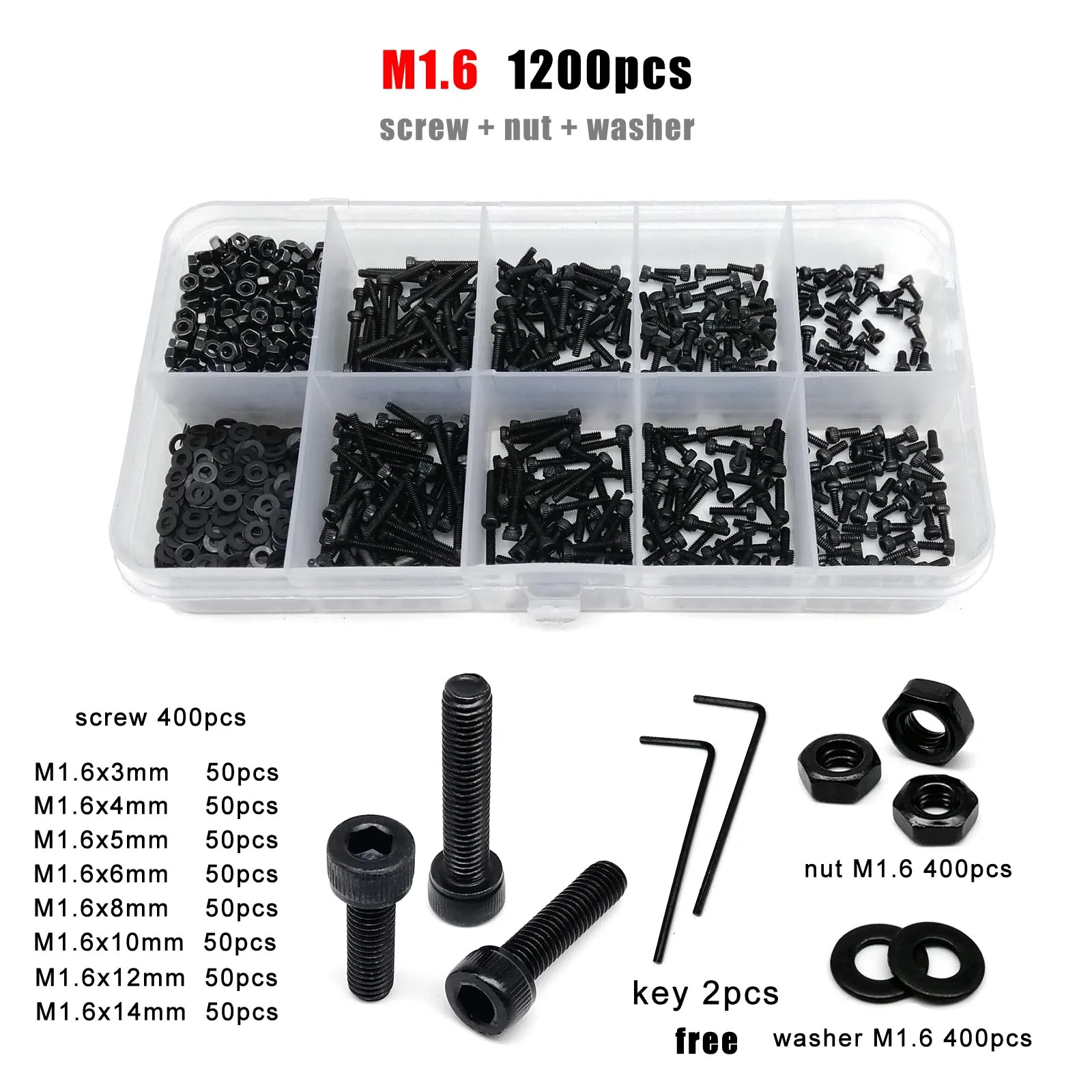 1 Box M1.6 M2 M2.5 M3 M4 M5 M6 M8 DIN912 Black Grade 12.9 Steel Hex Hexagon Socket Allen Cap Head Screw Bolt Nut Assortment Kit