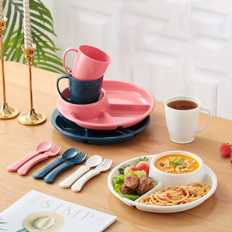 1 Juego, juego de vajilla, plato de cena con compartimentos, anticaída, apto para microondas, antiescaldado, plato divisorio para Picnic, taza de agua