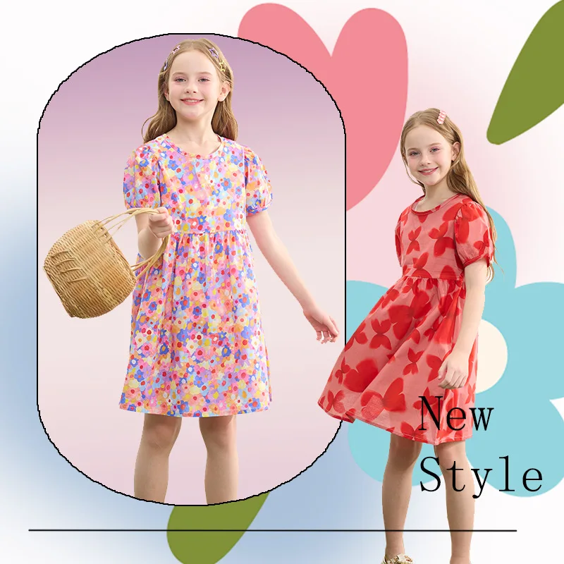 

Summer Girls Floral Dress Girl Cotton Princess Dress New Flower Girl Dresses Bubble Sleeve Girl Vestido Clothing 4 6 8 10 12 14T