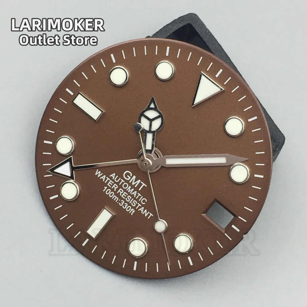 LARIMOKER 29mm Brown Coffee GMT NH34 Watch Dial Silver Rose Edge Time Marks Green Luminous For NH34 NH35 Movement Date