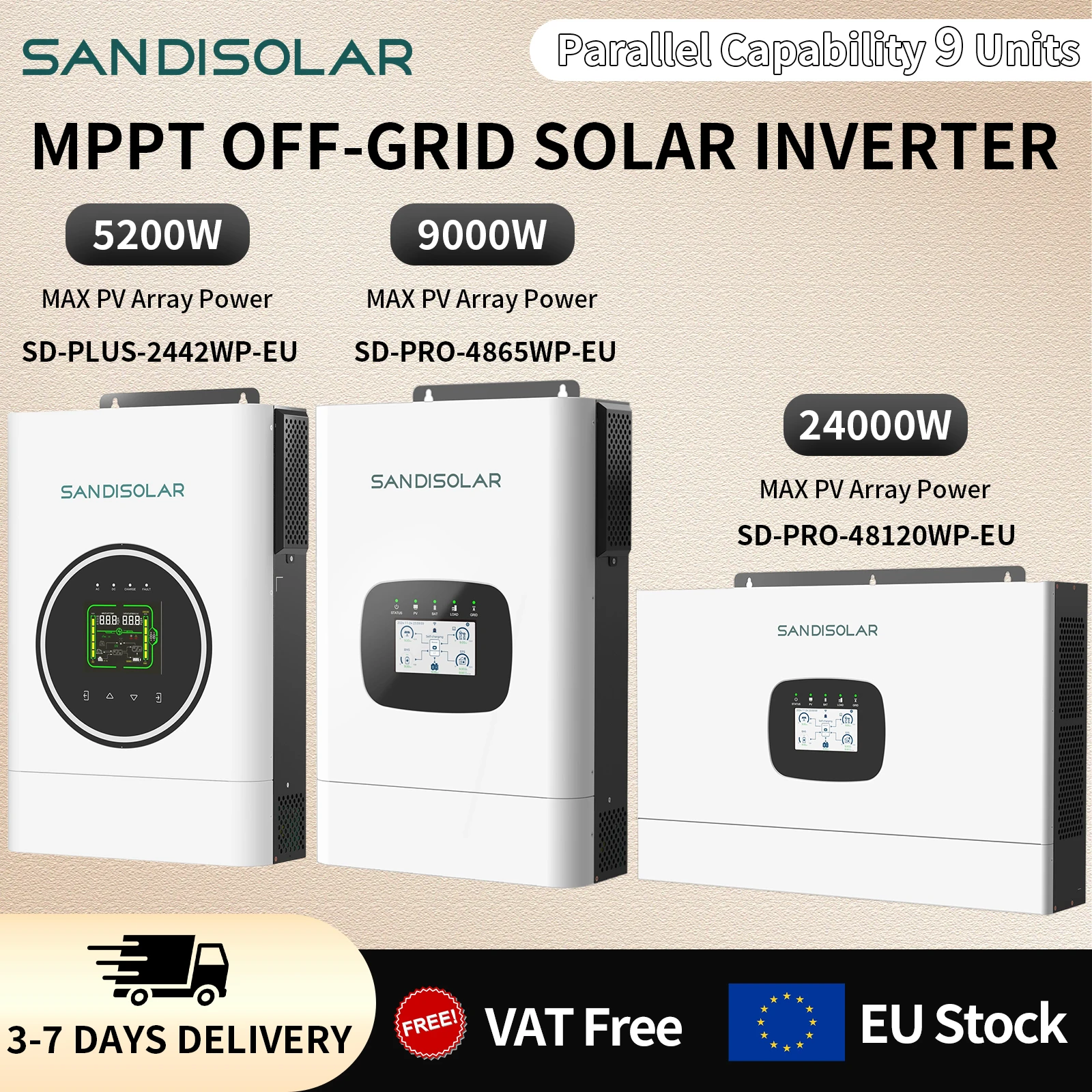 SANDISOLAR 12KW 48V 6.5KW 4.2KW 24V Hybrid-Solarwechselrichter Max. PV-Eingang 250A 120A 100A Parallelbetrieb 9 Einheiten Integriertes WLAN