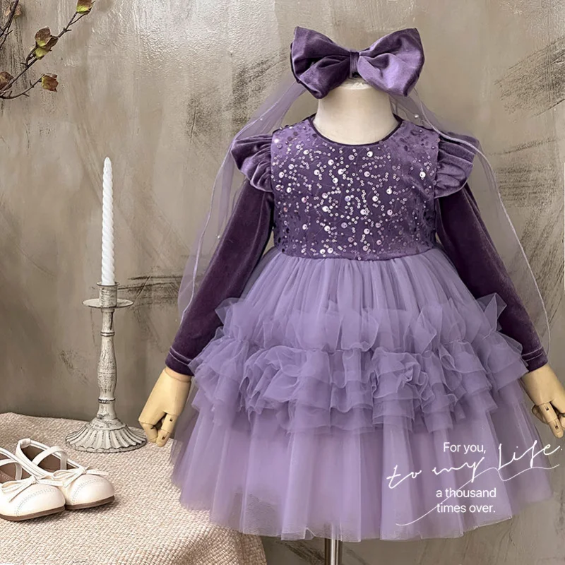 

2025Девочки весна осень зима новое корейское бархатное платье с блестками и длинными рукавами на день рождения платье принцессы