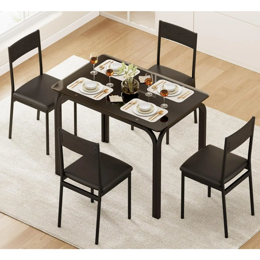 Dining Table Set with Black Glass Table and 4 PU Cushion Top Chairs,5-Piece Dinette Sets,dinning tables sets