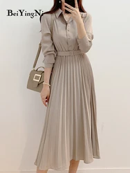 Beiyingni Women's Long Sleeve Midi Pleated Dress Buttons Belt Vintage CHIC Elegant Office Ladies OL Dress High Waist Vestidos