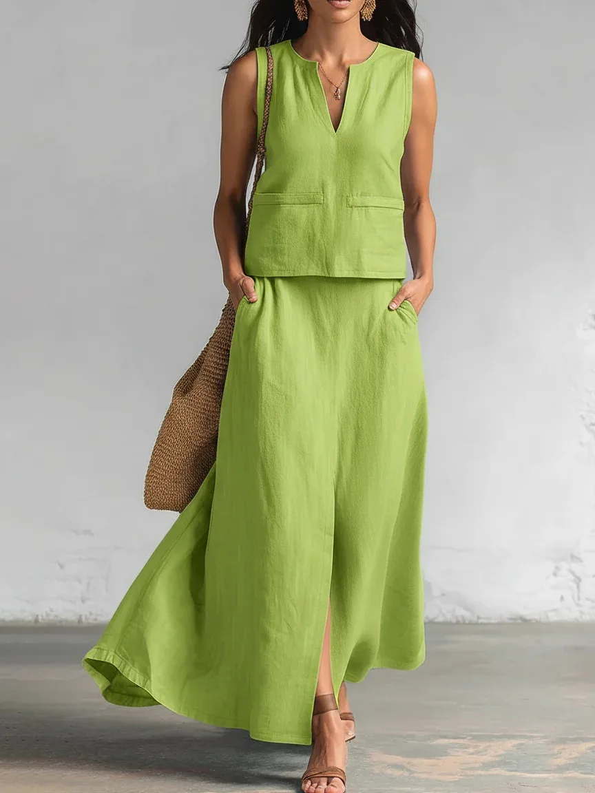 Women's Casual Commuting Set Fashionable Solid Color V-neck Sleeveless Top Casual High Waisted Loose Half Skirt Two-piece Set